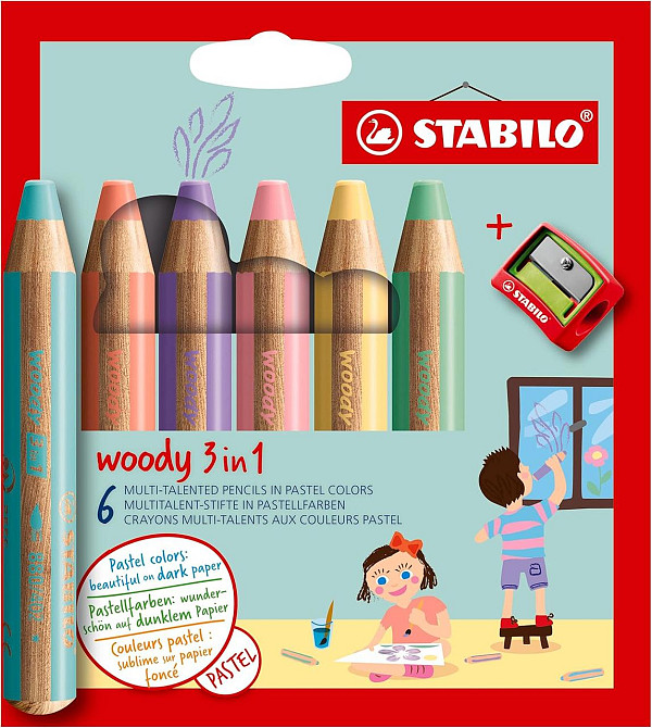 Олівці STABILO woody 3-в-1 набір 6 пастельних кольорів з точилкою Київ - фото 1