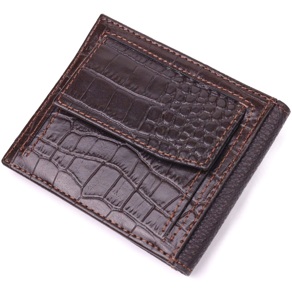 Фактурний чоловічий затиск із монетницею з натуральної шкіри з тисненням під крокодила KARYA 21405 Коричневий Київ - фото 2