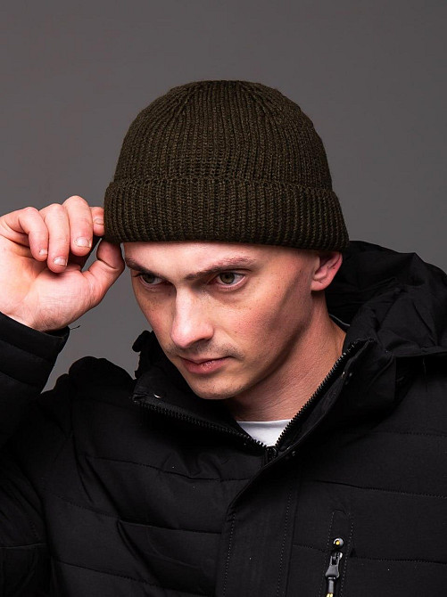 Шапка чоловіча в'язана з відворотом демісезонна докер щільна в'язка зелена Одеса - фото 5