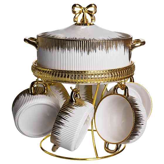 Суповий сервіз на 6 персон супниця 2 (л) на підставці з бульйонницями 400 (мл) тарілки для супу Білий із золотом FM-A23-2 SBR Київ