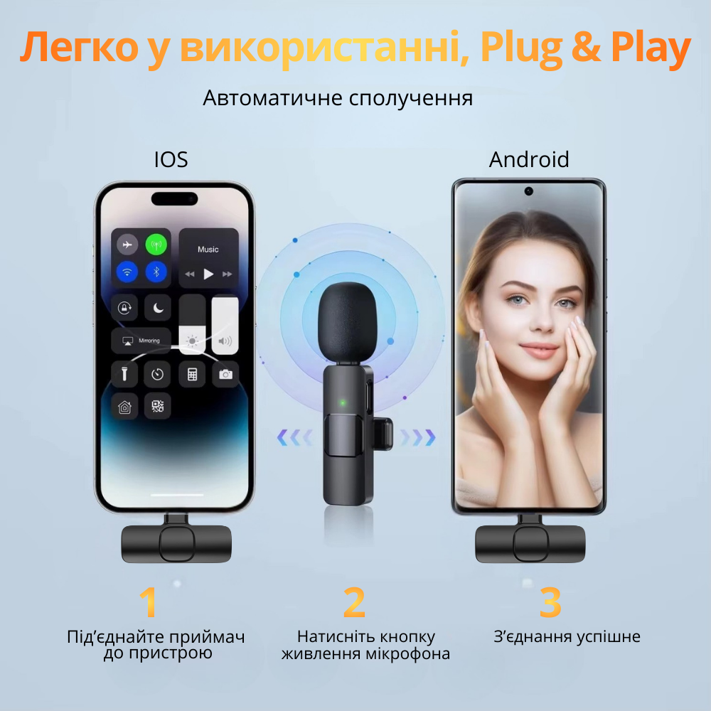 Микрофоны беспроводные петличные с шумоподавлением ONELEADER K9,подключение разъём Type-C для IPhone и Android Кам'янець-Подільський - фото 2