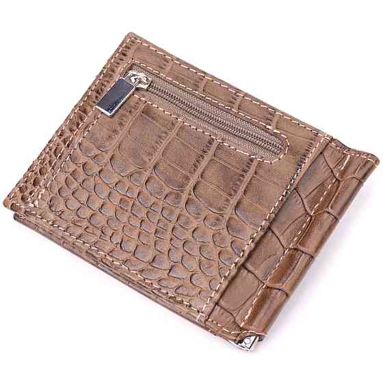 Фактурний чоловічий затиск із натуральної шкіри з тисненням під крокодила KARYA 21415 Бежевий Київ
