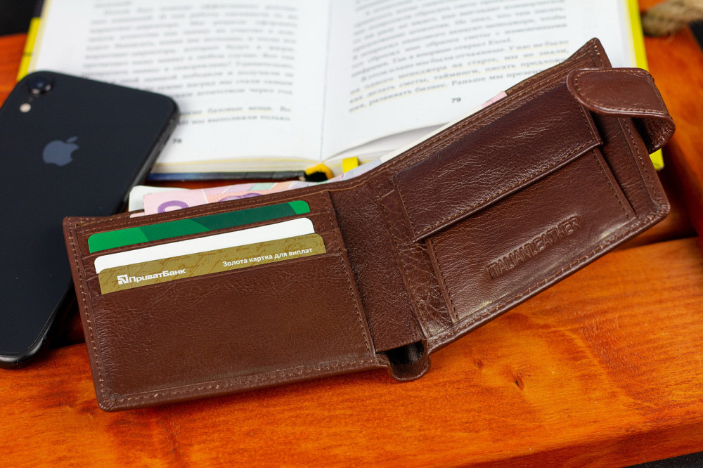 Чоловічий гаманець з натуральної шкіри ST Leather коричневе портмоне на застібку з кнопкою на подарунок чоловікові Київ - фото 7