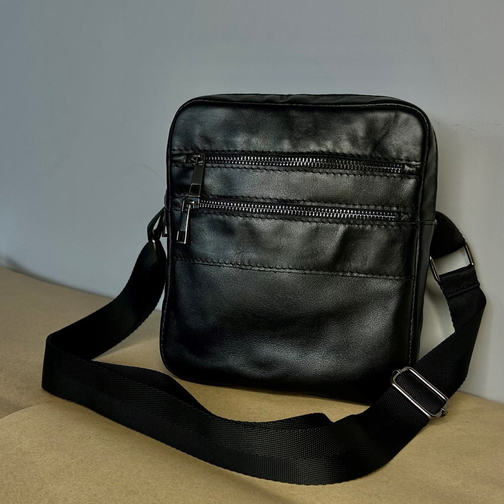 Чоловіча сумка через плече глянцева шкіряна чорна Детройт Глянець 21х19х5 см, сумка месенджер шкірянаMasterSem Київ - фото 5