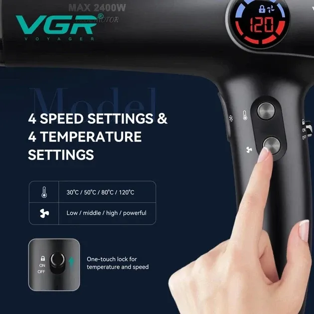 Професійний фен VGR V-469: BLDC 110k об/хв, 2400 Вт, 4 теми / 4 обдування, 2 насадки, кабель 2.5 м Одеса - фото 7