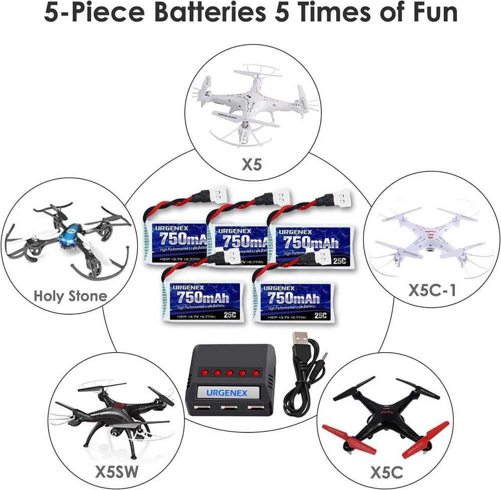 Акумуляторна батарея URGENEX LiPo 3.7 В 750 мАг 5 шт. з роз'ємом Molex зарядний пристрій 5 в 1 для Syma X5A X5SW X5C X5C X5 Дніпро - фото 4