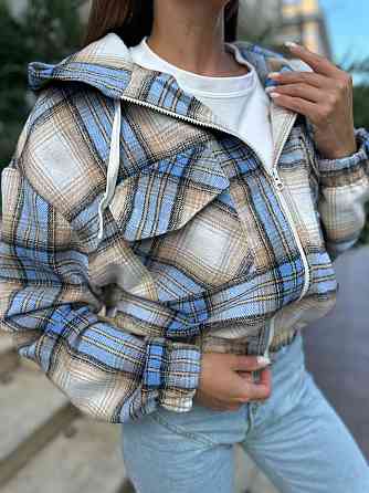 Жіноча кофта в клітинку на блискавці з капюшоном котон Блакитний, 46/48 Одеса