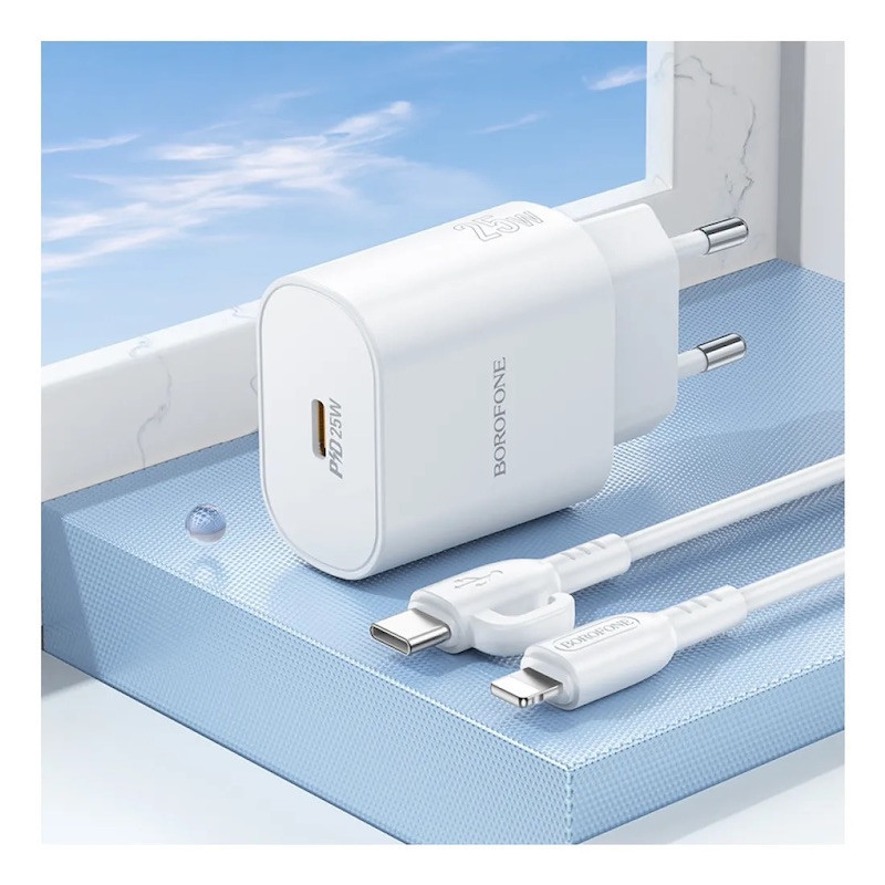 Мережевий зарядний пристрій з кабелем BOROFONE BA82A Platinum single port PD25W charger set (C to iP) (EU) Одеса - фото 9
