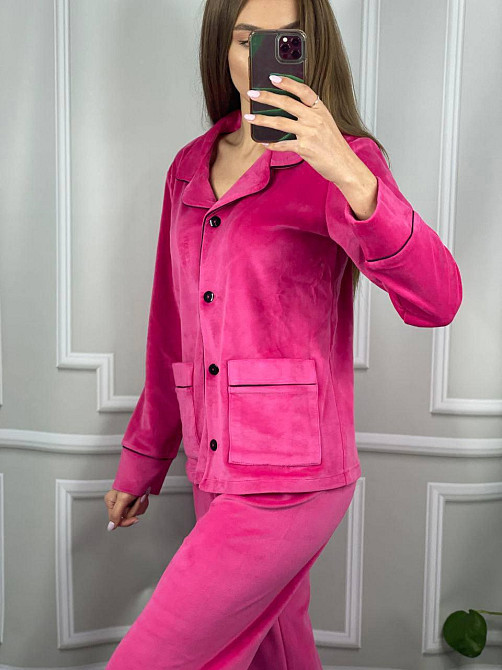 Костюм з плюшевого велюру на ґудзиках із двома кишенями Малиновий L Харків - фото 4