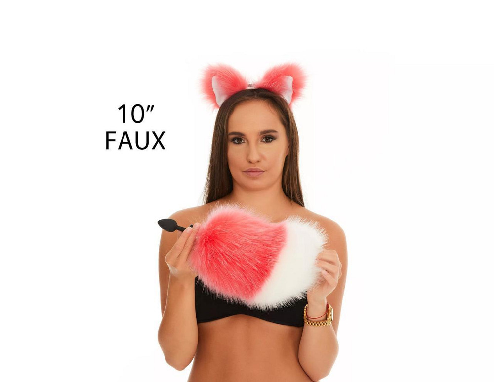 Анальный меховой хвост без пробки, Ярко-розовый с белым кончиком, OKOVA Sex Aura Киев - изображение 1
