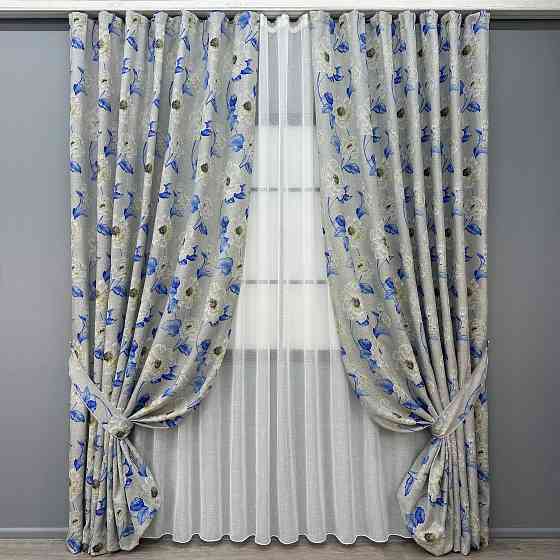 Комплект штор VR-Textil Лен Прованс 100х270 2шт и Тюль 400х270 2078ш-115т Светло-серый с синим и белым 71-213/2 Киев