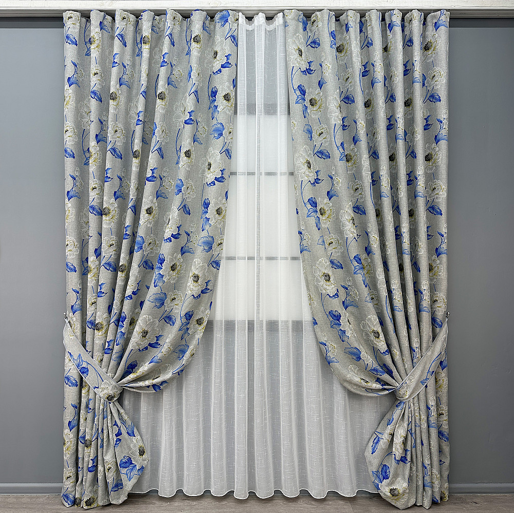 Комплект штор VR-Textil Лен Прованс 100х270 2шт и Тюль 400х270 2078ш-115т Светло-серый с синим и белым 71-213/2 Киев - изображение 1