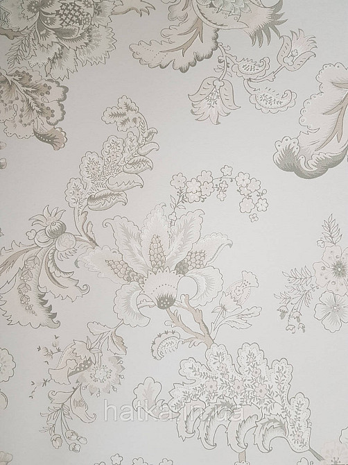 Шпалери флізелінові еко Rasch Sophia 0.53х10 рослинний принт квіти листя білі сірі рожеві на світло-сірому Київ - фото 1