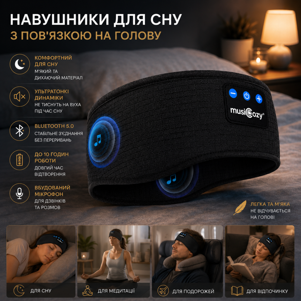 Bluetooth-наушники для сна MUSICOZY с повязкой, тонкие динамики, микрофон, до 16 часов, черные Киев - изображение 9