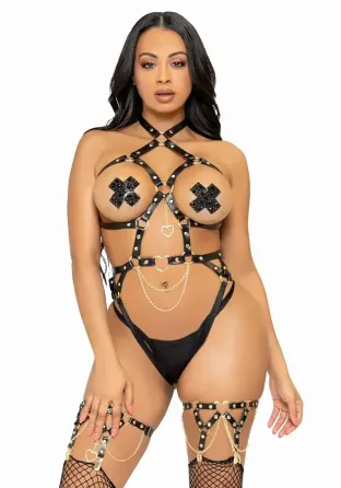 Портупея-тедді з екошкіри Leg Avenue Heart ring harness teddy L Black, підвіска-сердечко, ланцюги Львів
