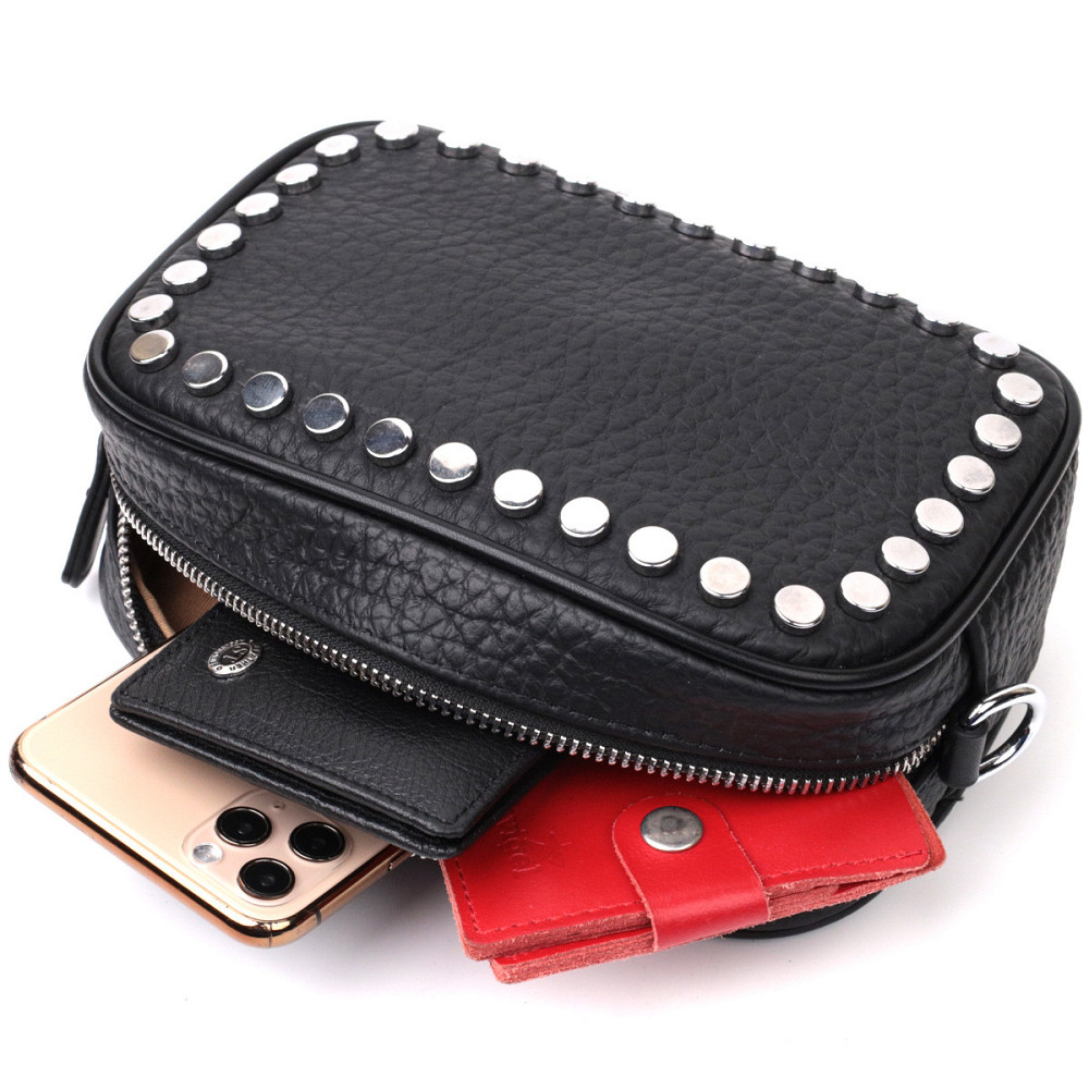 Стильна сумка декорована металевими кнопками з натуральної шкіри Vintage 22333 Чорна Київ - фото 8