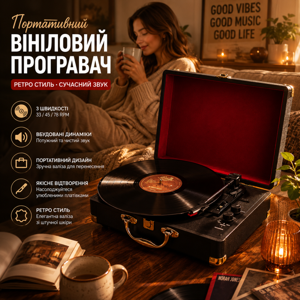 Портативный виниловый проигрыватель в ретро-стиле, 3 скорости, встроенные динамики, чемодан из искусственной кожи, красный Киев - изображение 10