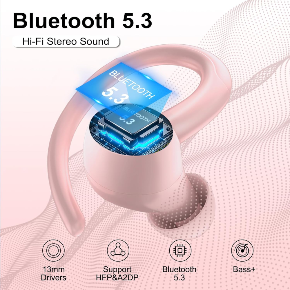 Бездротові навушники VKROBAG V90 Bluetooth 5.3, ENC шумозаглушення, 48 год автономності, IPX7, LED дисплей, спортивні TWS, рожеві Київ - фото 6