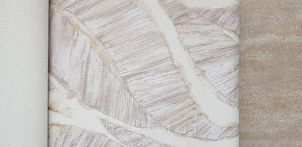 Шпалери вінілові на флізеліновій основі Rasch Ascona 1.06х10 листя структурні бежеві кремові із золотистим Київ - фото 2