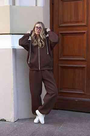 Жіночий прогулянковий теплий костюм: кофта та штани з турецької тринитки на флісі Шоколад Одеса