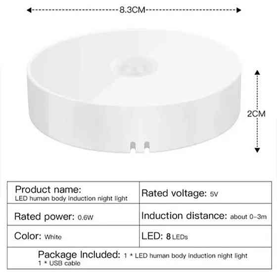 LED світильник-нічник з датчиком руху і датчиком день/ніч з кнопкою увімк./вимк. Теплий білий Сміла