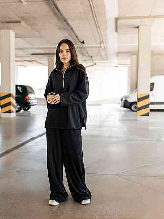 Женский повседневный оверсайз костюм двойка: кофта и штаны трикотаж пума рубчик Черный Одесса