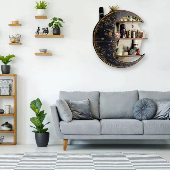 Настенная полка Луна, органайзер с 3 полками для украшений и декора, деревянная полка полумесяц, цвет Black Каменец-Подольский