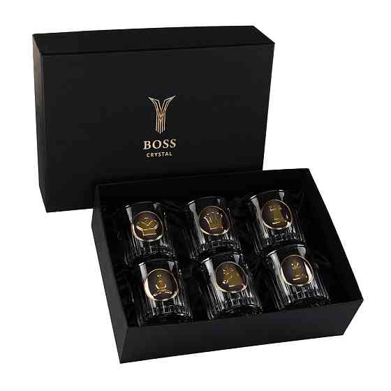 Набір для віскі "ШАХИ" 6 келихів 360 мл, кришталь з платиною, зображення зі срібла з позолотою Рівне