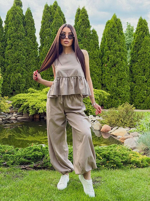 Женский летний костюм двойка: топ и штаны турецкий лён Бежевый, 44/46 Одесса - изображение 5
