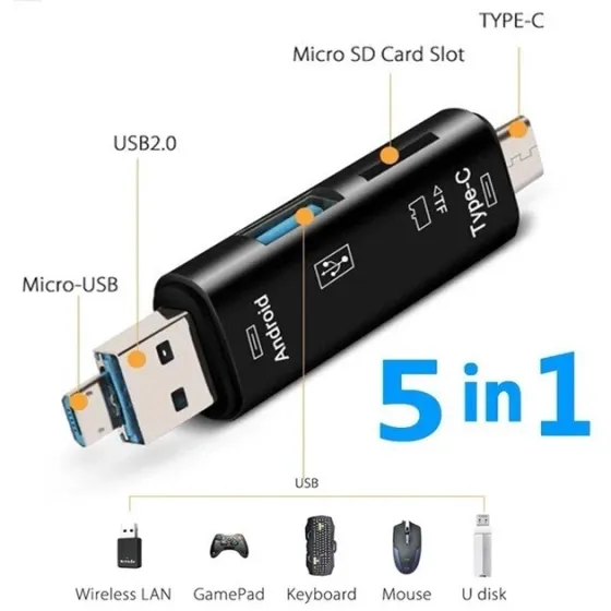 Багатофункціональний адаптер хаб кардрідер 5в1 Type-C Android USB 2.0 Black Запоріжжя