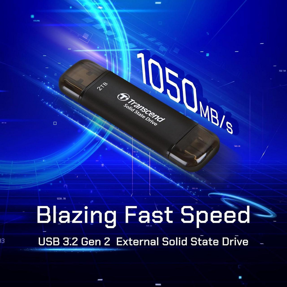 Зовнішній SSD Transcend ESD310 128GB чорний Dual‑port USB‑C/A 10Gbps до 1050 МБ/с сумісний з iPhone 15/16/17 Android кабель Київ - фото 9