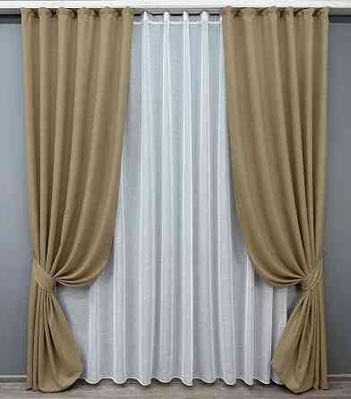 Комплект штор VR-Textil Льон Мішковина 100х270 2шт і Тюль 300х270 673ш-115т Капучино з білим 71-035/1 Київ