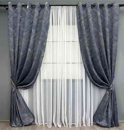Комплект штор на люверсах VR-Textil Жаккард Mystery № 1627ш Серый с темно-синим 150х270 см 2 шт (37-0204) Киев