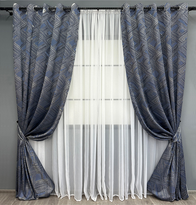 Комплект штор на люверсах VR-Textil Жаккард Mystery № 1627ш Серый с темно-синим 150х270 см 2 шт (37-0204) Киев - изображение 2