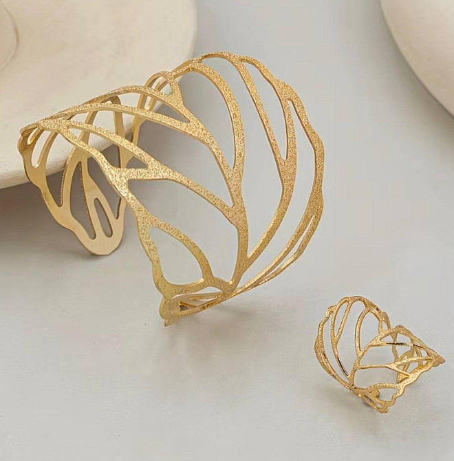Браслет и кольцо в форме листьев золотистый набор женский открытый браслет манжета Киев - изображение 2