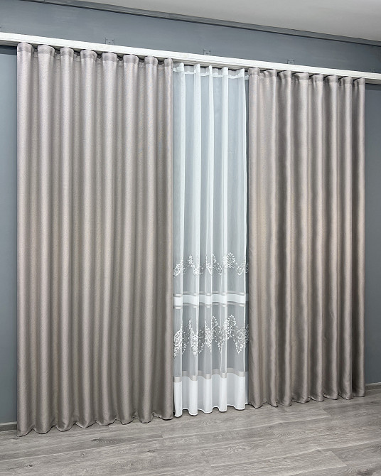 Комплект штор VR-Textil Льон Мішковина 200х270 2шт і Тюль 600х270 867ш-1708т Світло-сірий з білим 71-181/7 Київ - фото 3