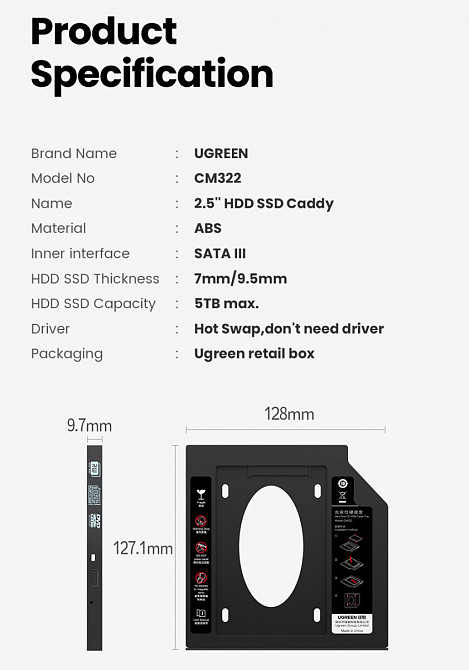 Кишеня-адаптер Ugreen CM322 9.5мм для підключення 2.5" HDD/SSD SATA 3.0 в ноутбук 70657 Миколаїв - фото 9