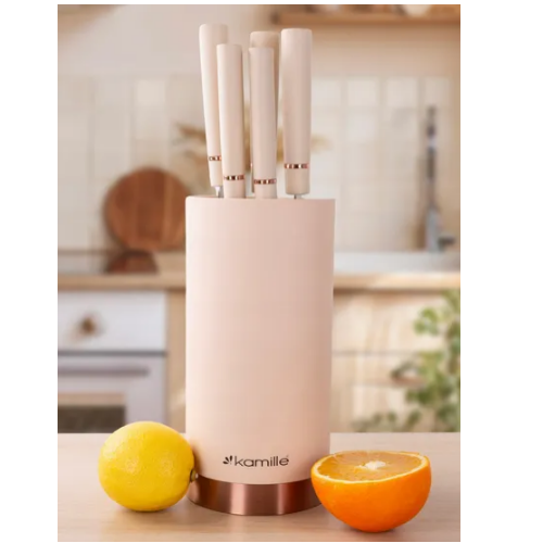 Набір ножів 6 предметів:(5шт + кругла підставка) білий 7630 KAMILLE Житомир