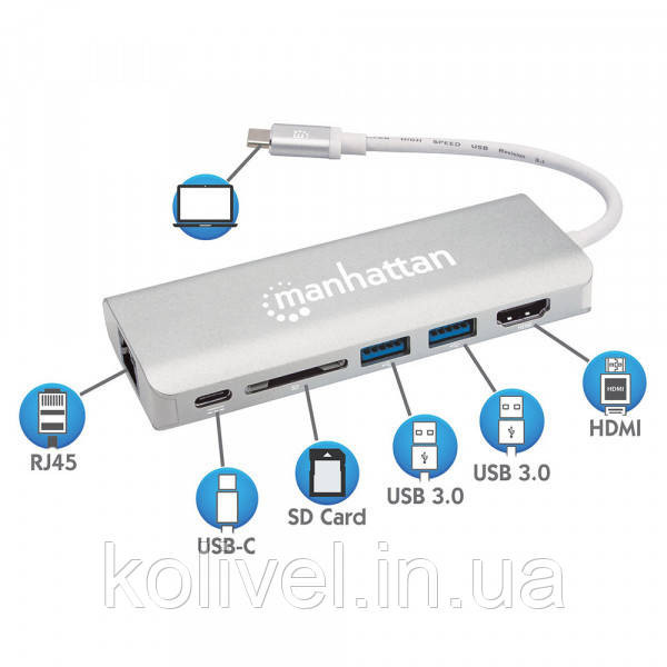 Док-станція USB3.1 Type-C --> HDMI/USB 3.0x2/RJ45/SD/PD 60W Hub 7-in-1 Manhattan (152075) Київ - фото 5