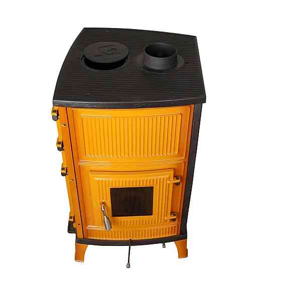 Піч-камін чавунна на дровах з духовкою Hosseven 8000E 13 кВт три скла верхній димохід жовта Київ