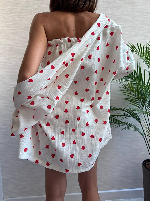 Жіночий ніжний домашній костюм-трійка: халат топ і шорти із сердечками муслін 100% бавовна Білий 2 Одеса - фото 9