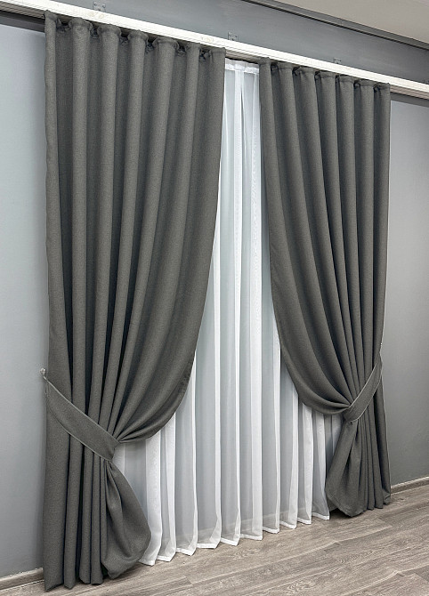 Комплект готових штор VR-Textil Льон-блекаут № 1220ш Сірий 200х270см 2 шт (32-297) Київ - фото 3