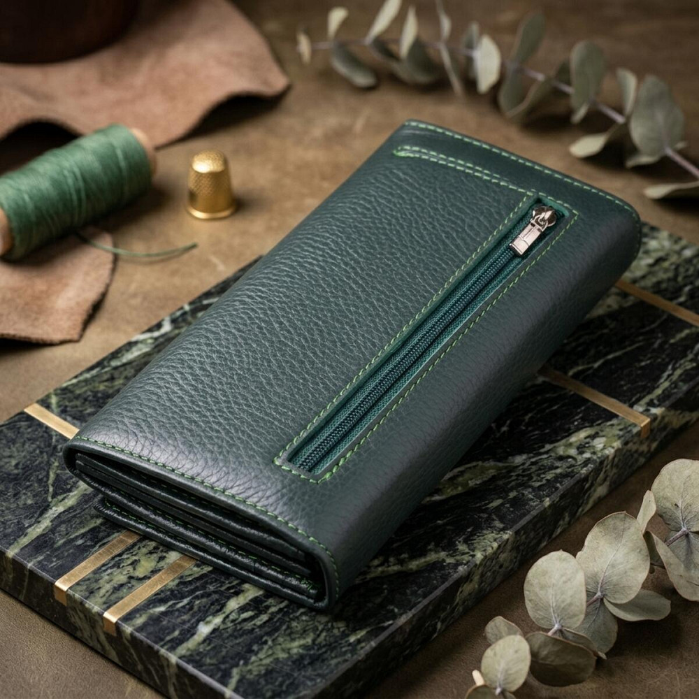 Зручний вертикальний гаманець із натуральної шкіри ST Leather 23086 Зелений Київ - фото 14