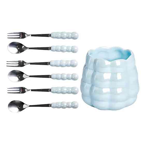 Yiwu Набір десертних виделок і ложок на 3 персони з підставкою з порцелянау 7 предметів Блакитн Киев