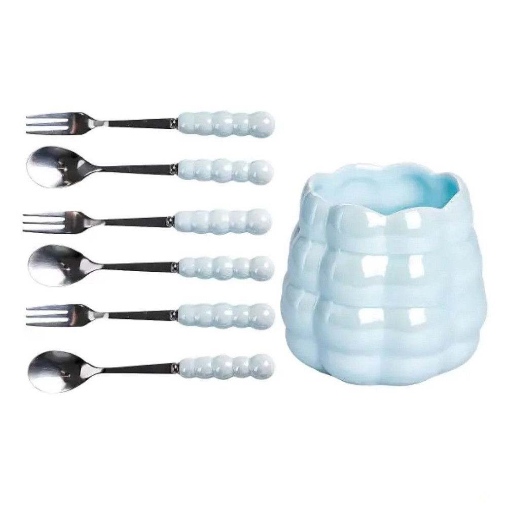 Yiwu Набір десертних виделок і ложок на 3 персони з підставкою з порцелянау 7 предметів Блакитн Киев - изображение 1