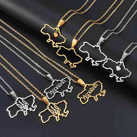 Кулон карта Украины с гербом RESTEQ серебряного цвета 60 см. Подвеска в форме Украинской карты с трезубцем. Металлический кулон Киев