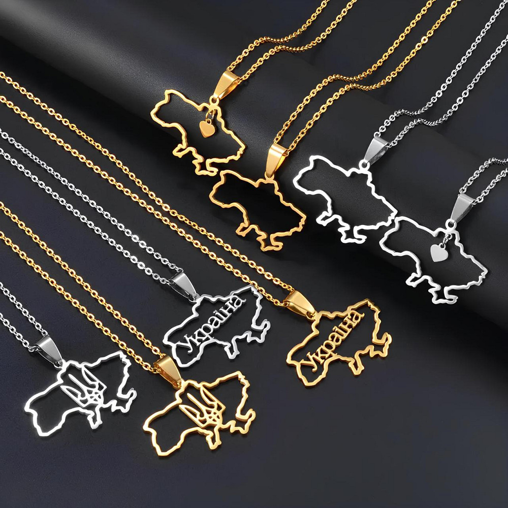 Кулон карта Украины с гербом RESTEQ серебряного цвета 60 см. Подвеска в форме Украинской карты с трезубцем. Металлический кулон Киев - изображение 3