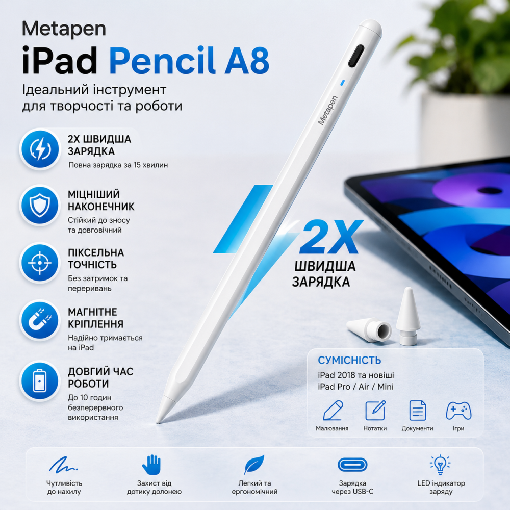 Стилус для Apple iPad Metapen Pencil A8 белый беспроводной активный ручка для планшета с магнитным креплением Киев - изображение 2