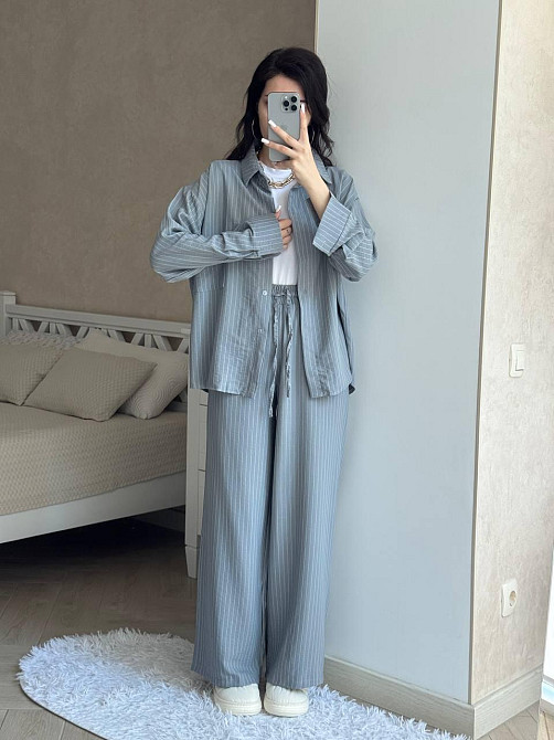 Жіночий стильний в'язаний костюм-двійка турецький льон у смужку Сірий, 48/52 Одеса - фото 1