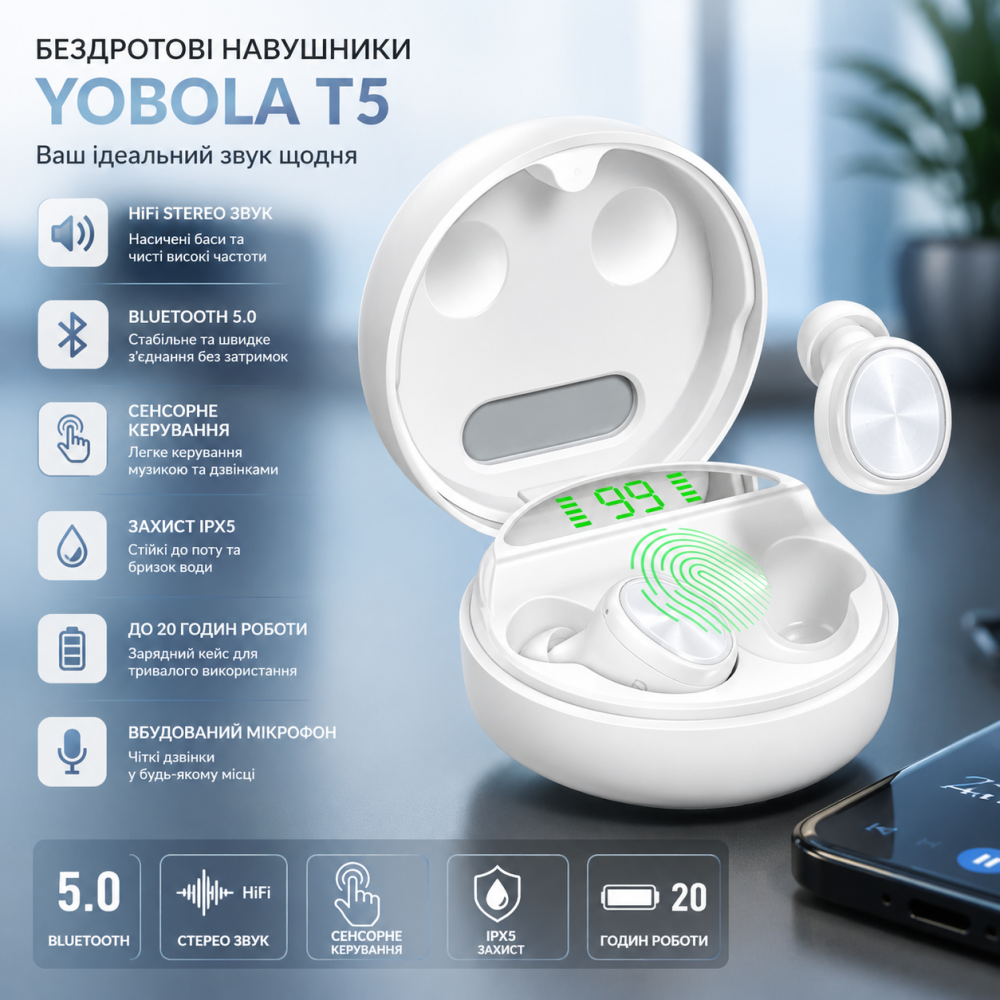 Бездротові навушники Yobola T5: HiFi Stereo, Bluetooth 5.0, сенсорне керування та захист IPX5 Київ - фото 3